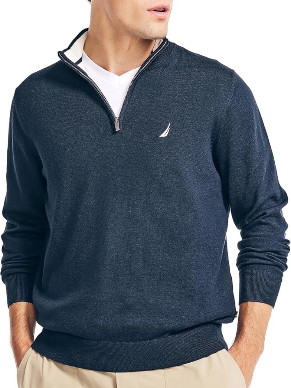 Nautica Mens Navtech Quarter Zip Pullover Sweater L Navy Knit